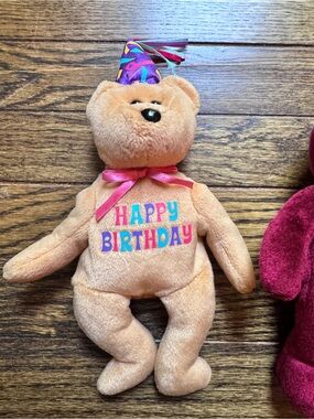 Ty Celebration Tan Plush Bear with Colorful Tassel Hat, Happy Birthday